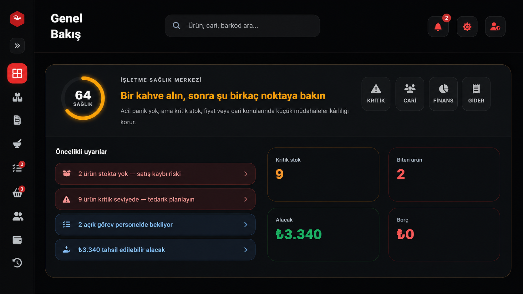 StockPlus web paneli karanlık tema envanter yönetim ekranı