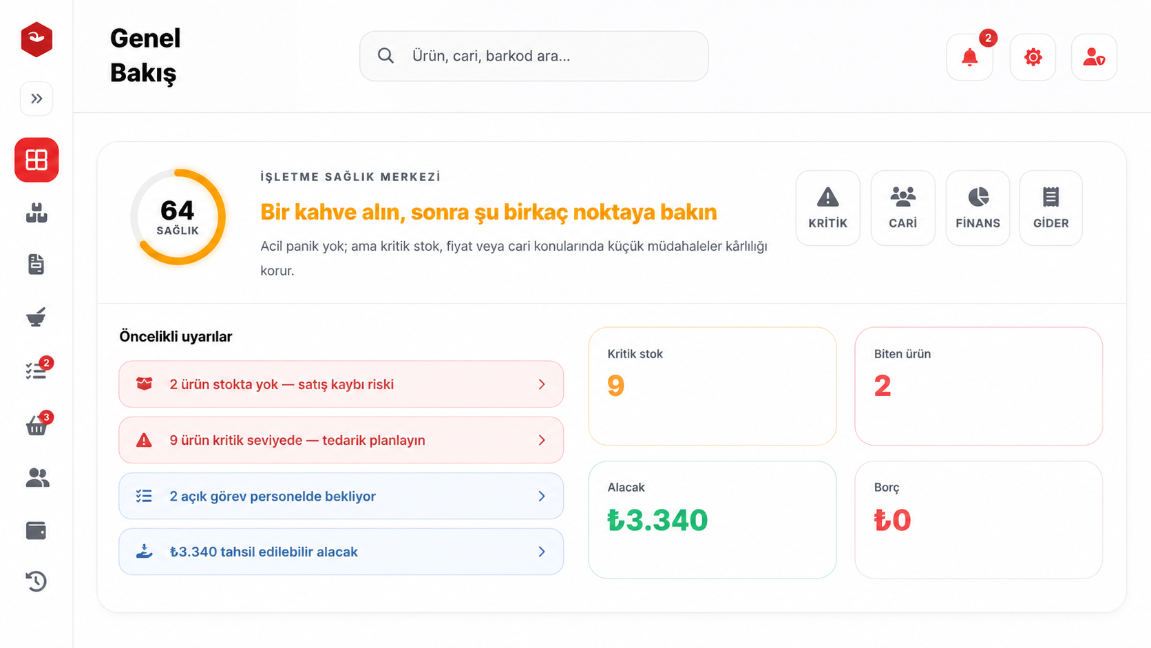 StockPlus web paneli açık tema stok takip ekranı